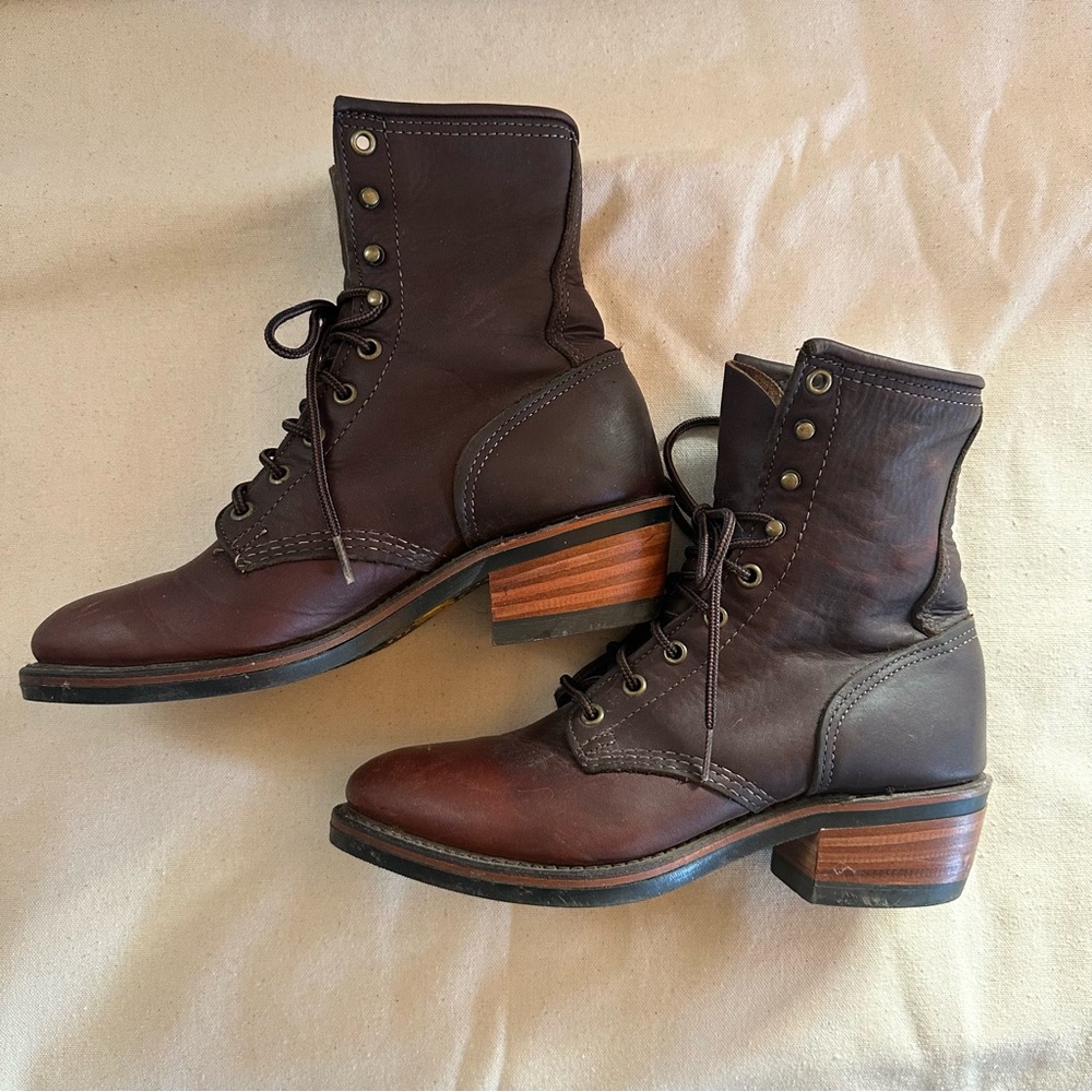 DD TUFF Leather Roper / Lacer Lace Up Western Boots, Womens 8, Mahogany Brown